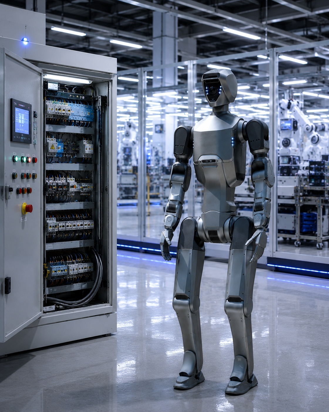 Industrial humanoid robot beside a switchboard