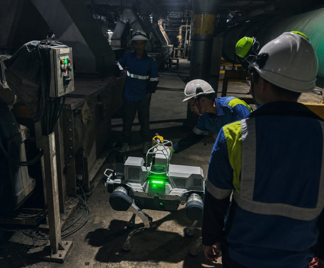 Plant operators working with inspection robot