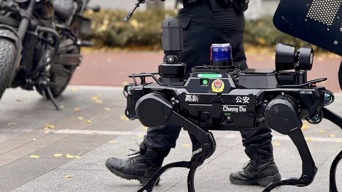 Quadruped robot on public security street patrol