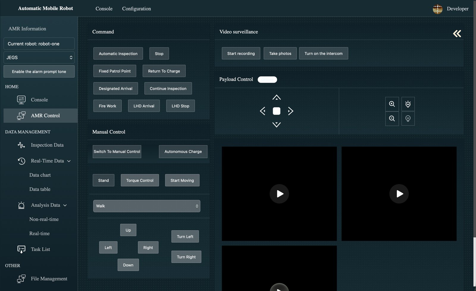 Video analytics control console — live camera feeds and thermal monitoring