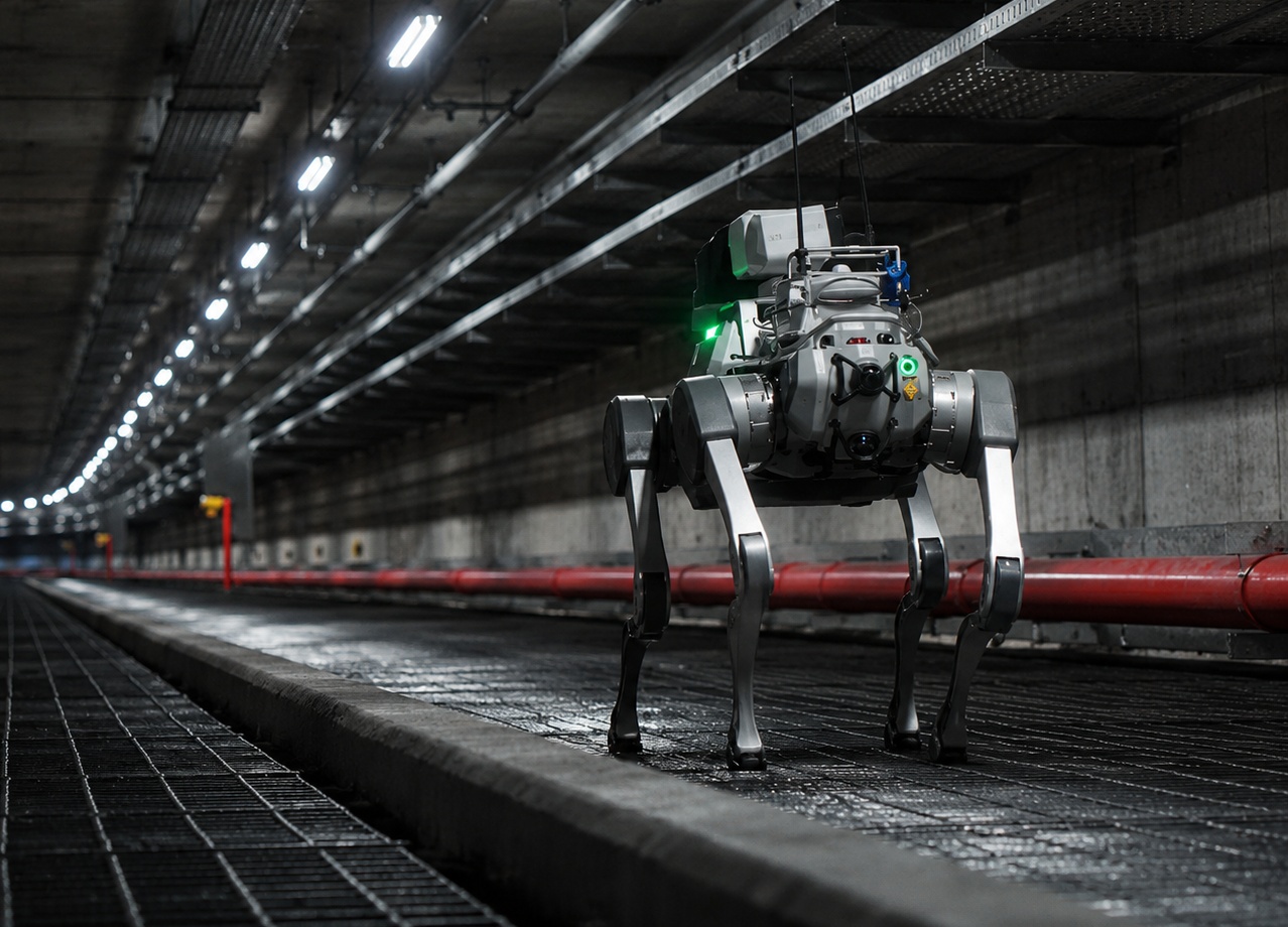 X30 quadruped robot patrolling an underground utility tunnel